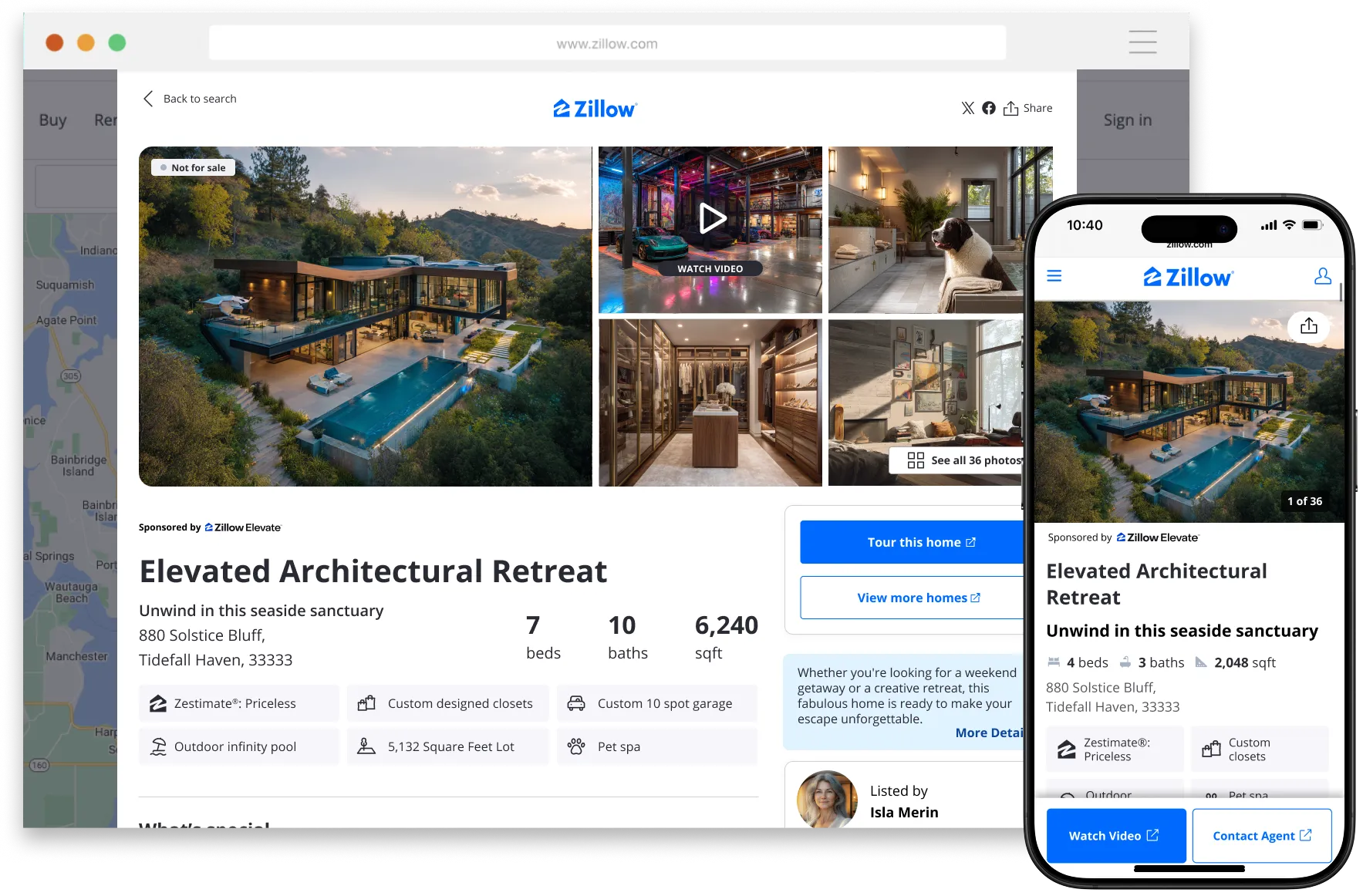 Custom Brand Listing displayed on desktop and mobile web showing branded property listing page