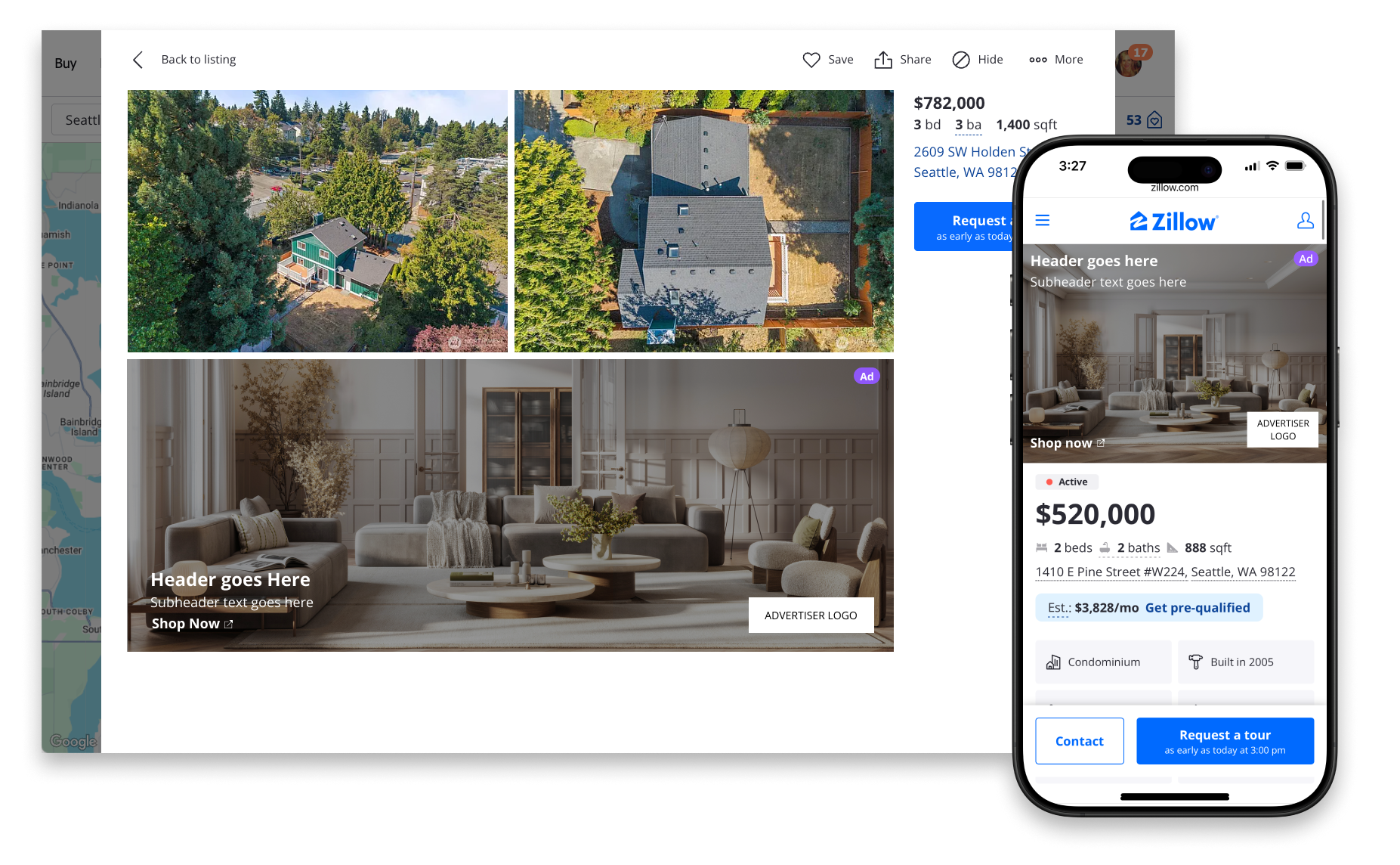 Native photo gallery ad displayed in property photos