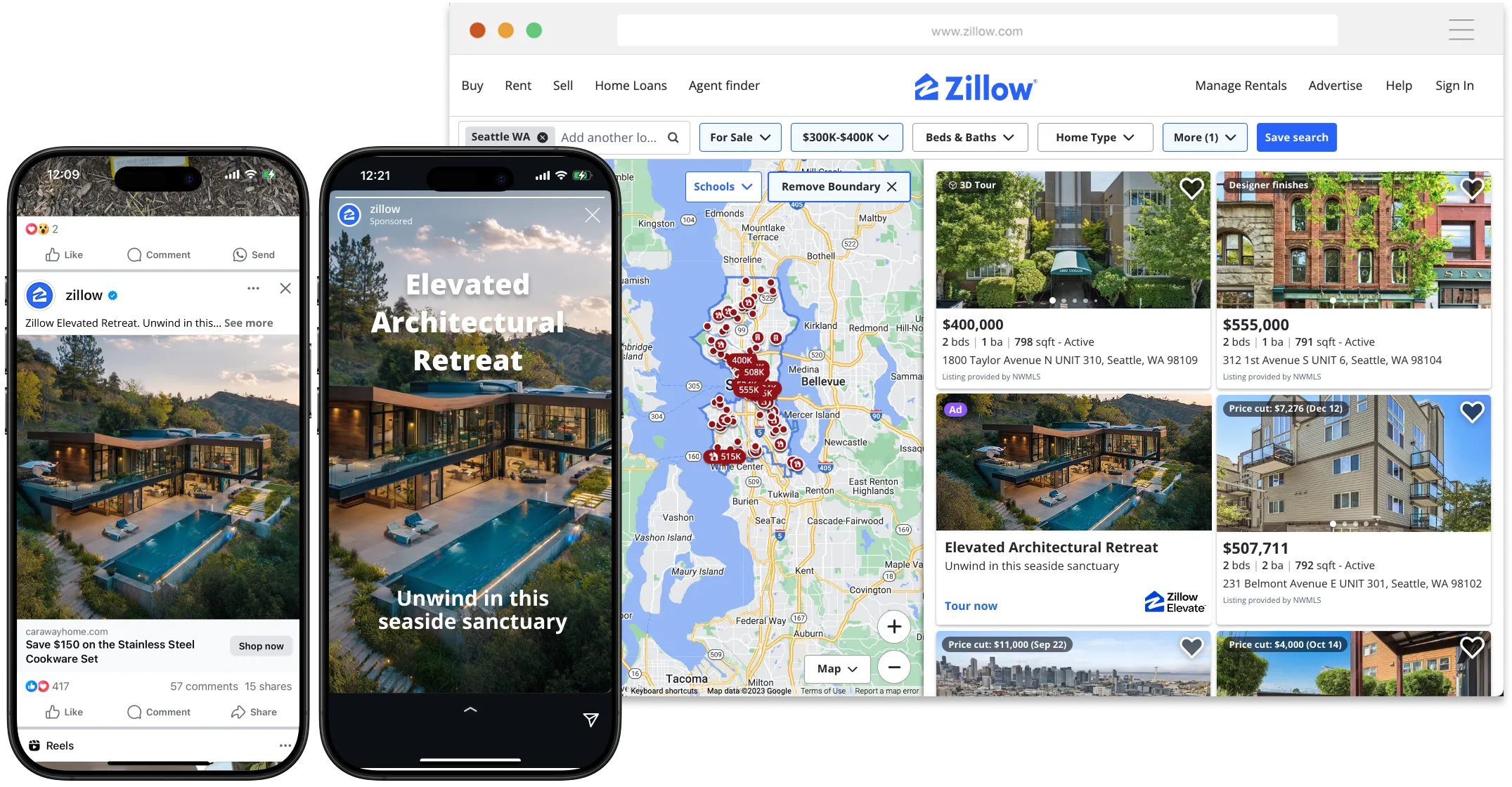 Social media posts and desktop search results page showing Custom Brand Listing promotional content