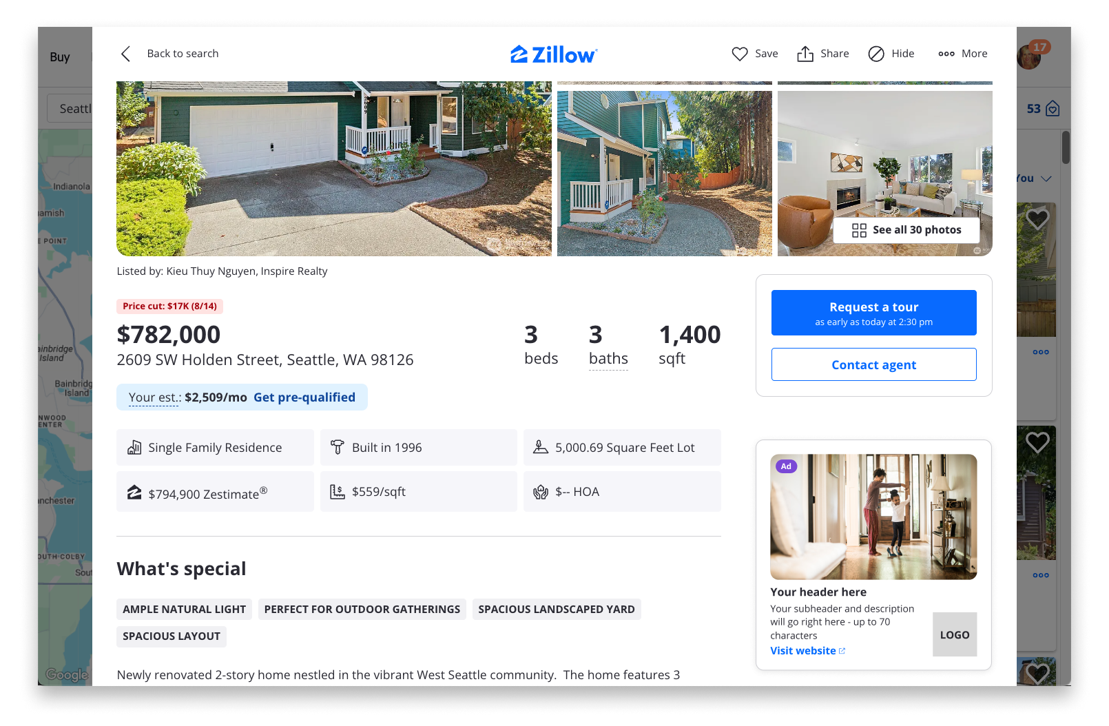 Zillow property ad placement on listing page