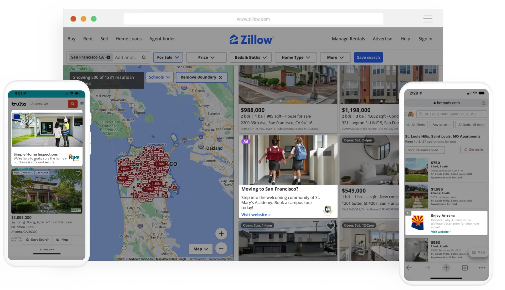 Local advertising search results page mockup showing ad placements