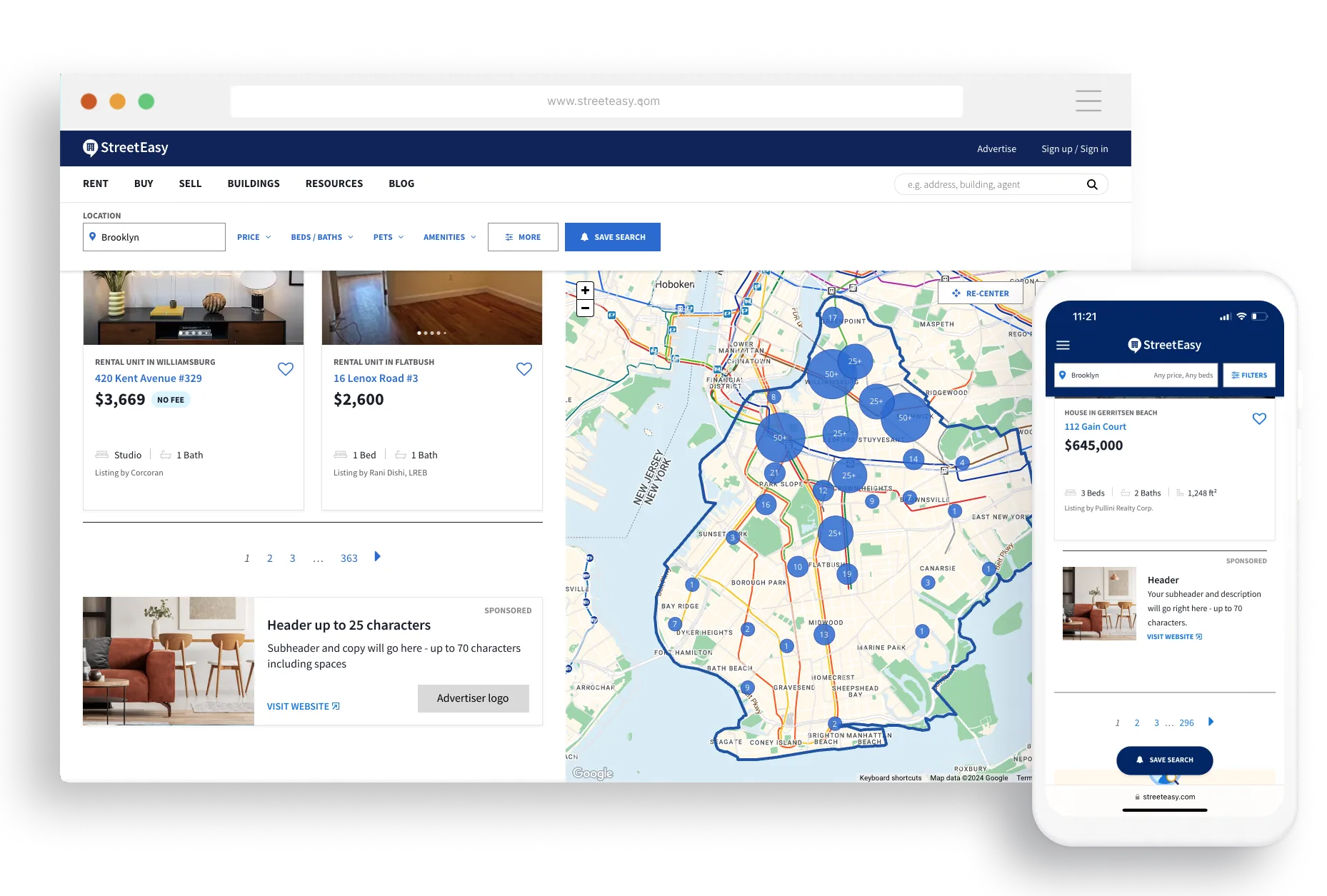 StreetEasy Native Search Ad placement showing branded content in search results page