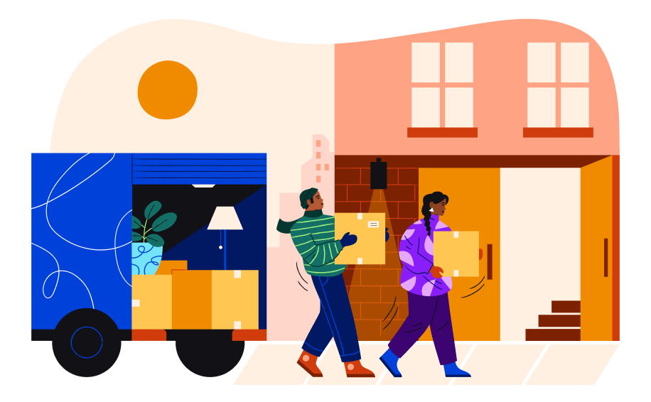 Illustration of two people moving into a house