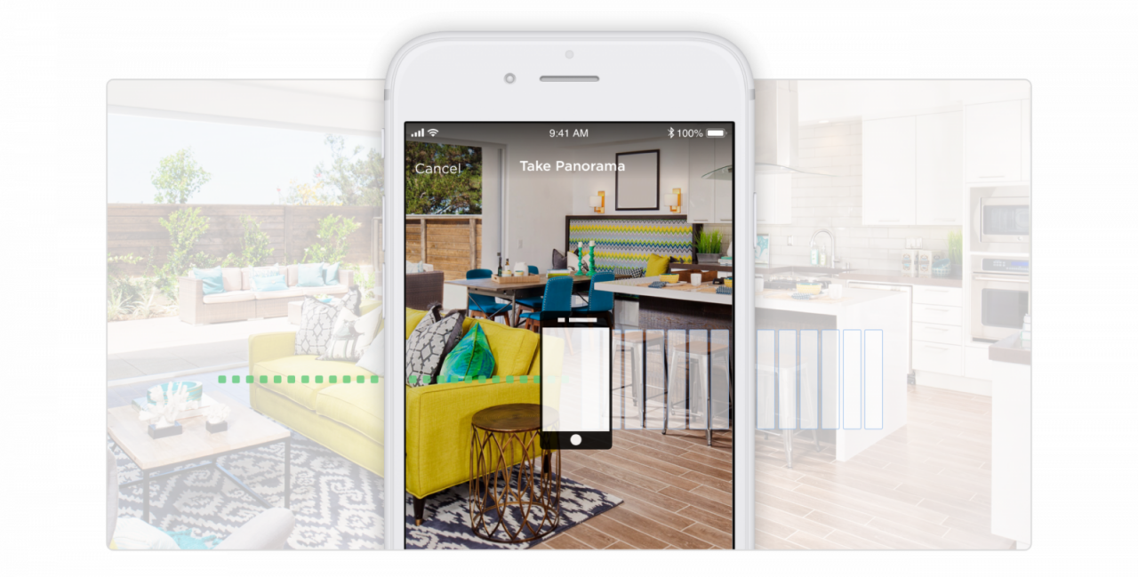 Image of a phone capturing a panorama of an apartment via the Zillow 3D Home app