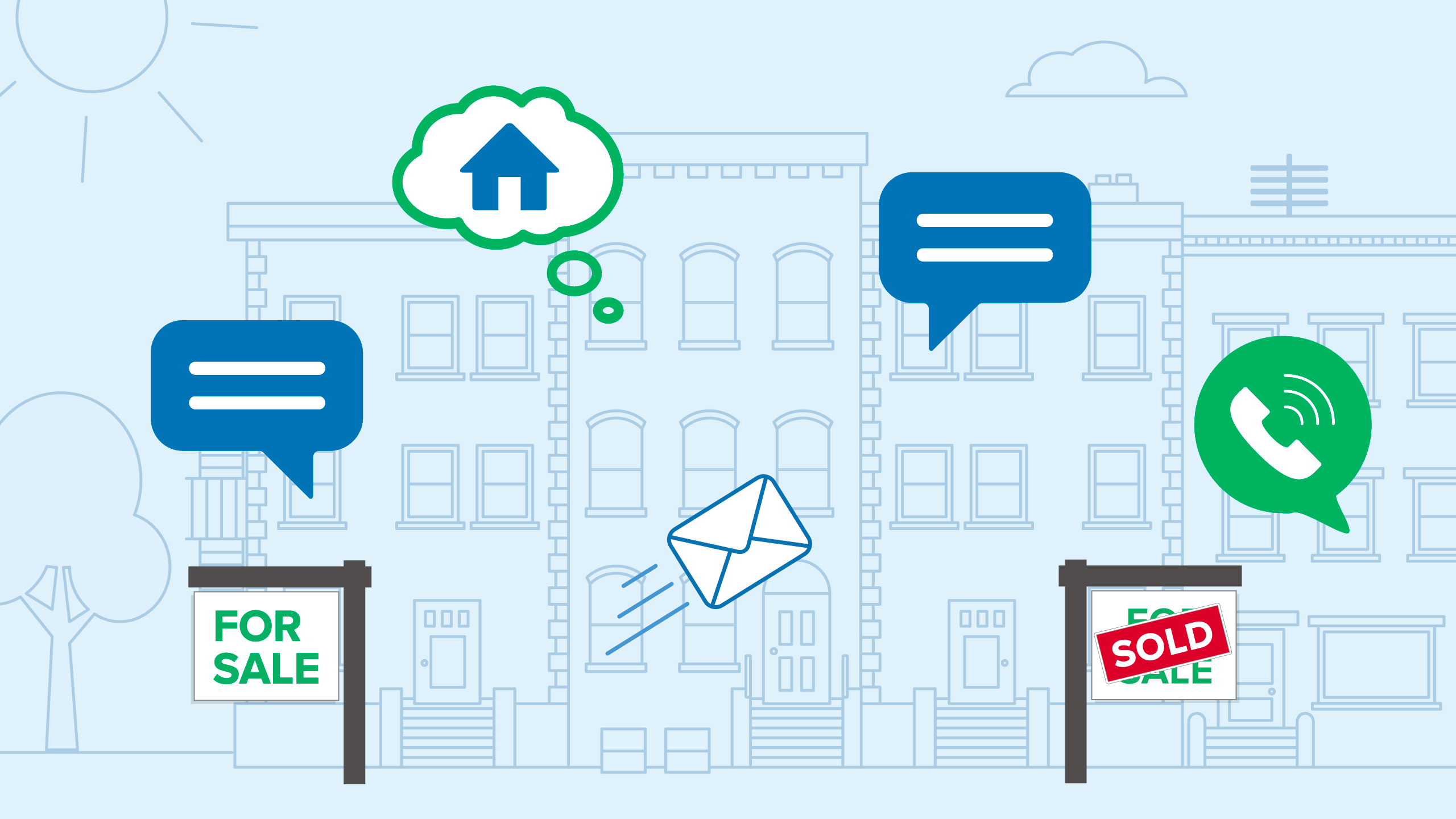 illustration of homes with for sale and sold signs