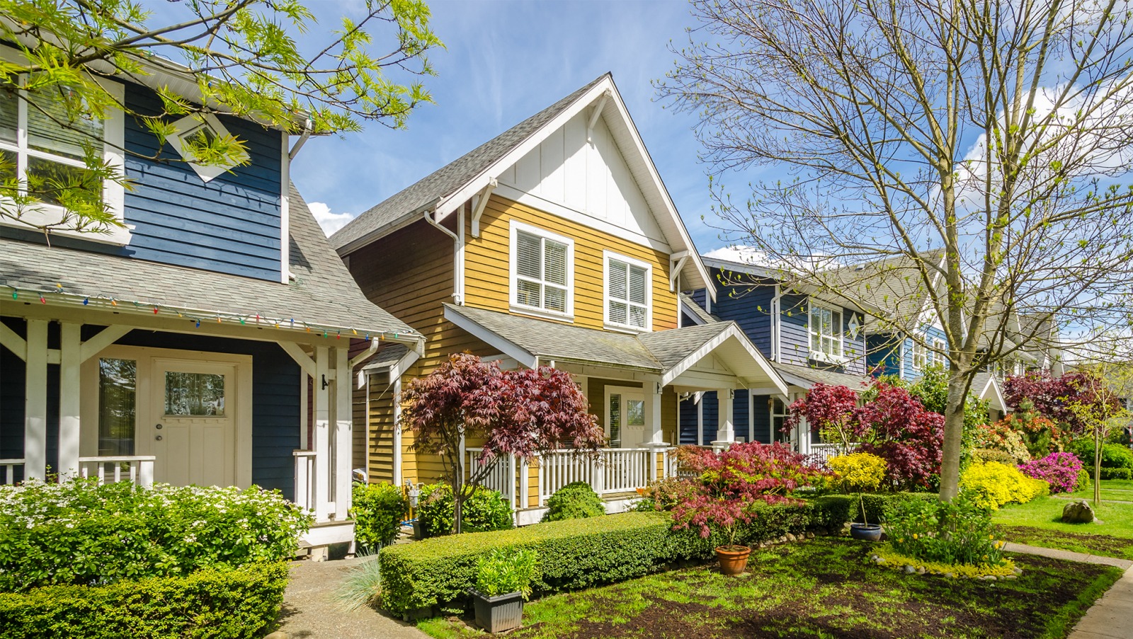 A row of yellow and blue houses.
