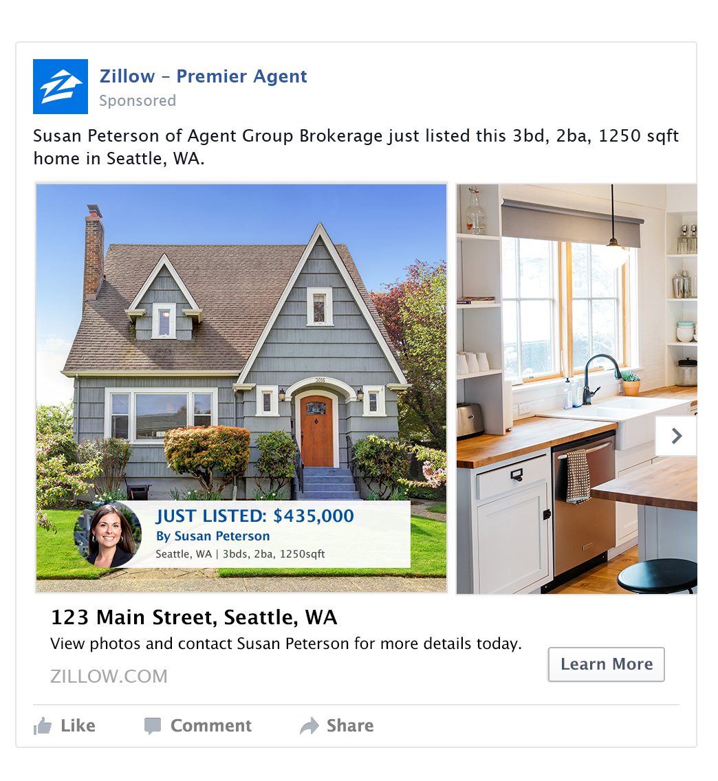 An example of a carousel format Facebook ad with Zillow Premier Agent Direct.