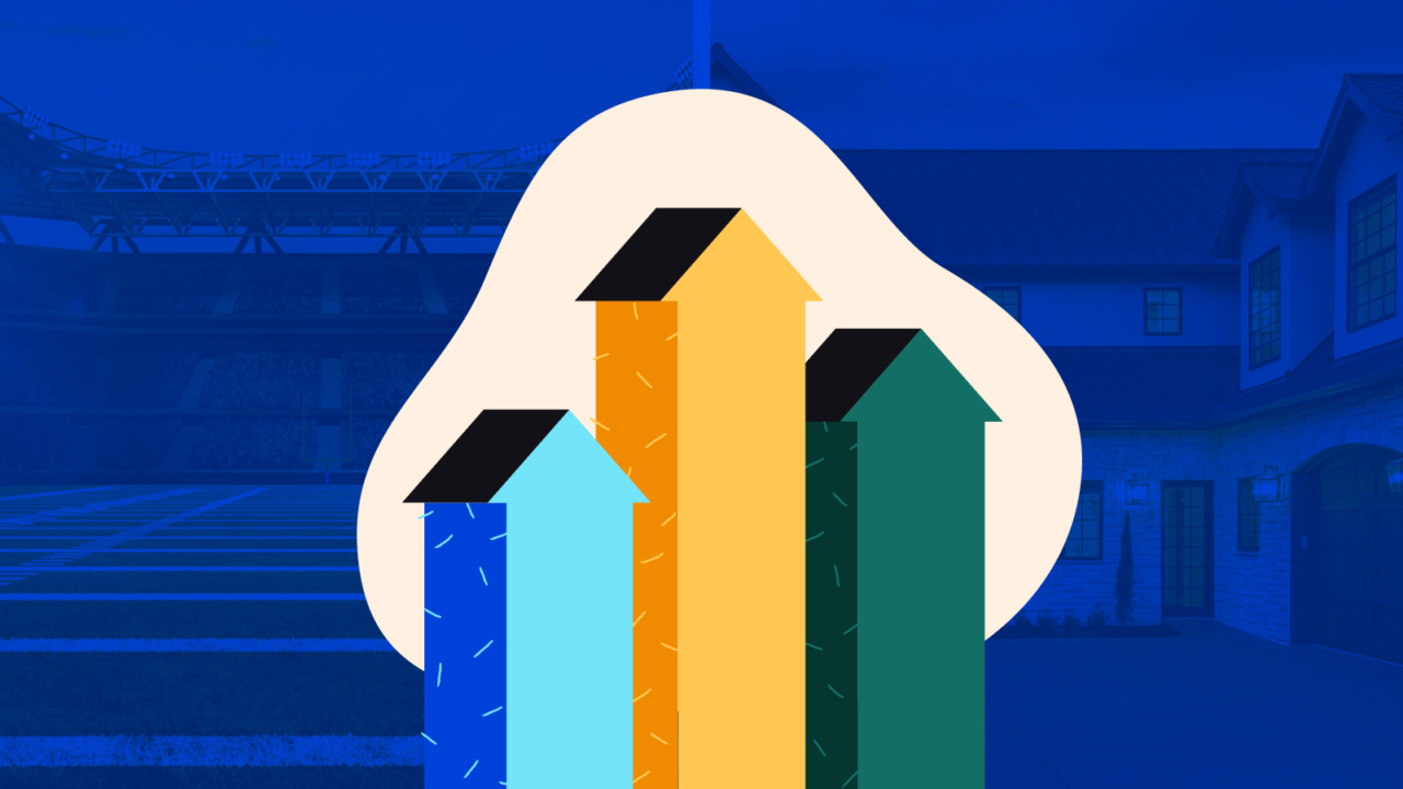 graphic with houses and football field