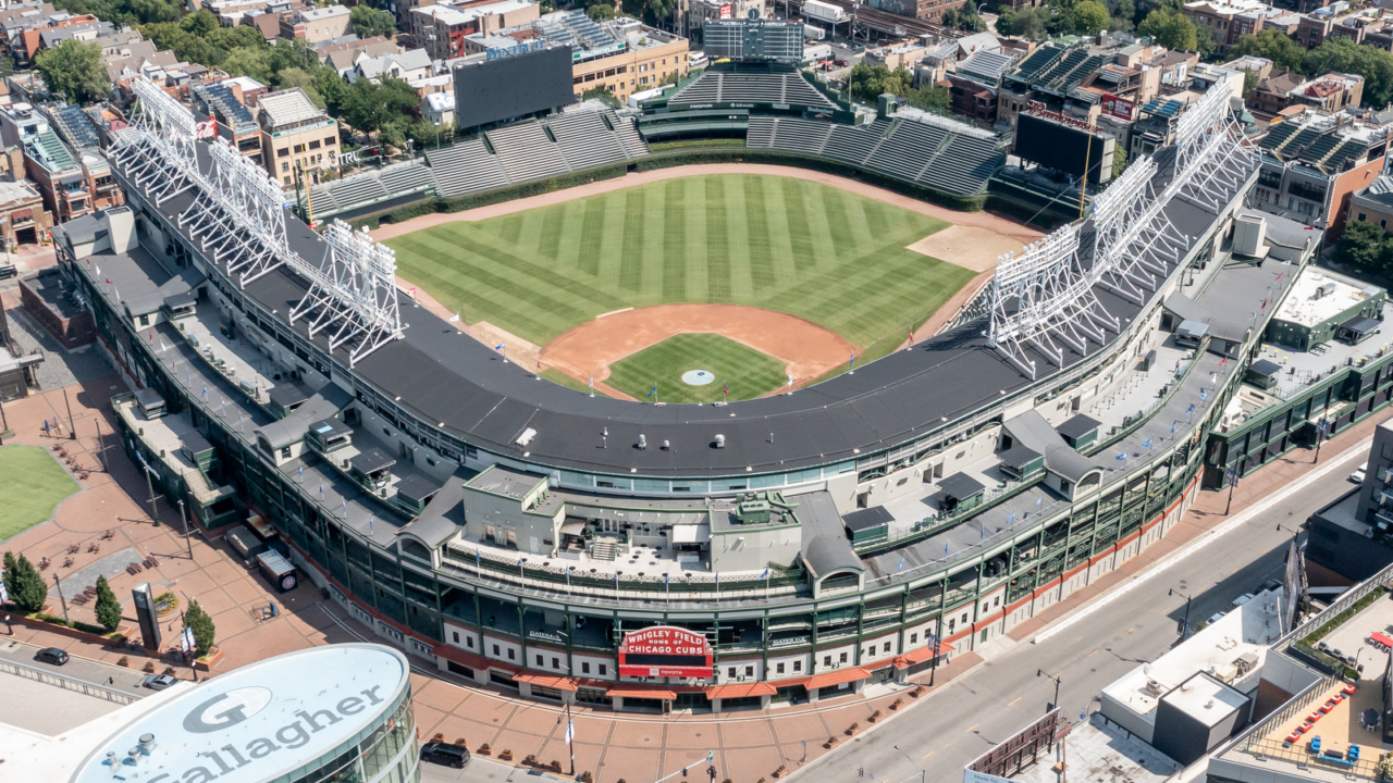 aerials of baseball stadium in chicago