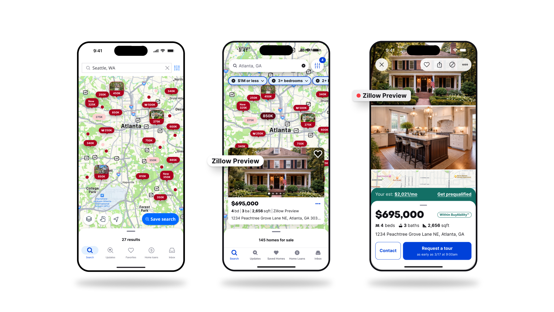 mobile phones with Zillow preview screenshots