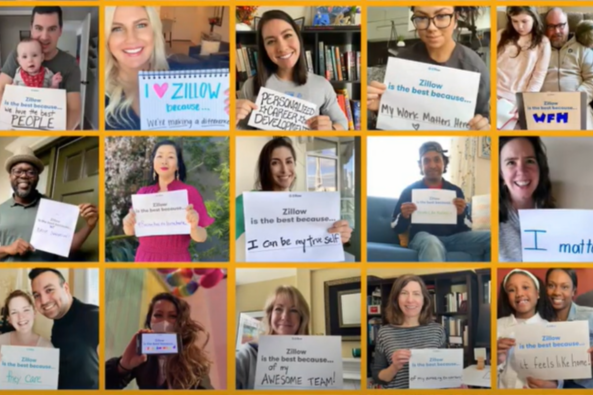 screenshot of a video that shows 9 zillow employees holding up signs about why they like the company